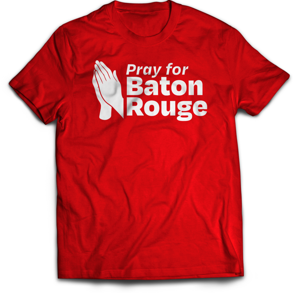 Red shirt with text "Pray for Baton Rouge" and pray hands icon